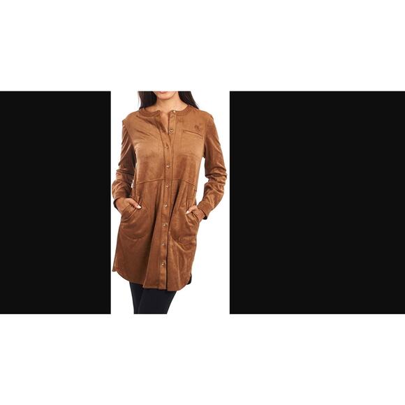 Joseph Ribkoff Faux Suede Snap Button Front Mini Dress Tunic Long Sleeve Tan 2 - Picture 10 of 10